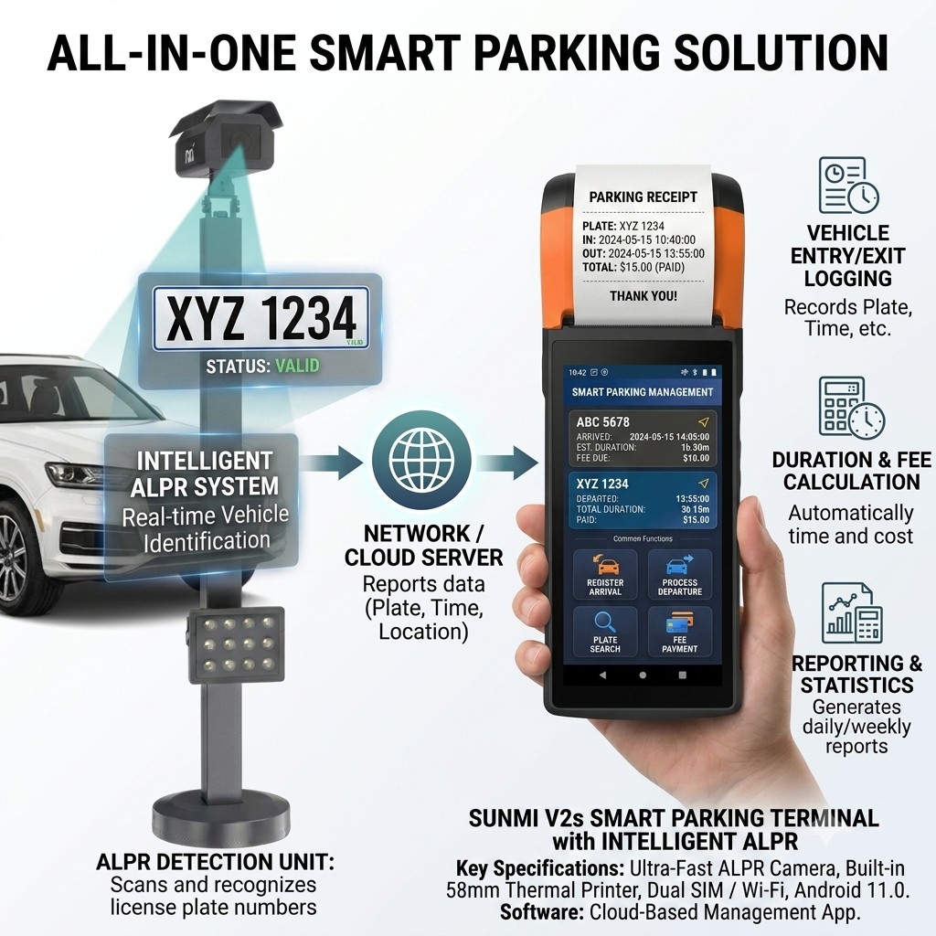 JK Parking Manager — ALPR unit, cloud server, and SUNMI V2S terminal